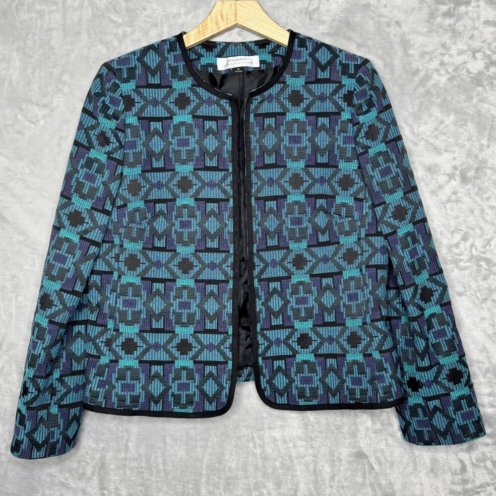 Tahari Jacket Womens 12 Blue Black Geometric Aztec Southwest Open Front Blazer